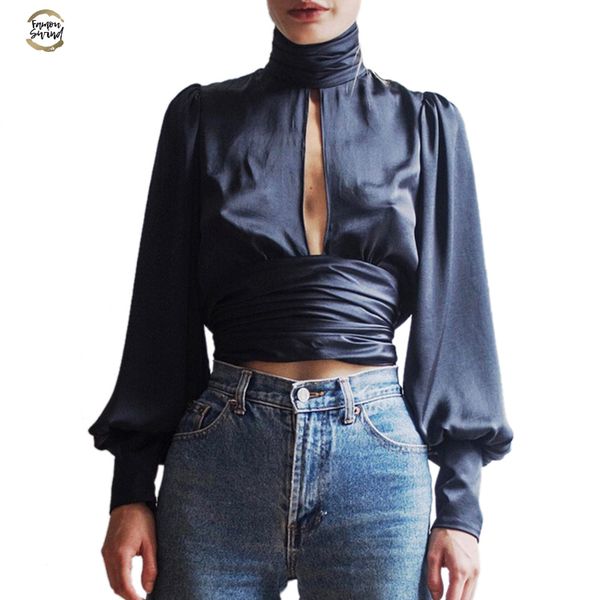 

women lace up bow satin blouse turtleneck shirt backless blouses blusas women puff sleeve crop spring asbl30142, White