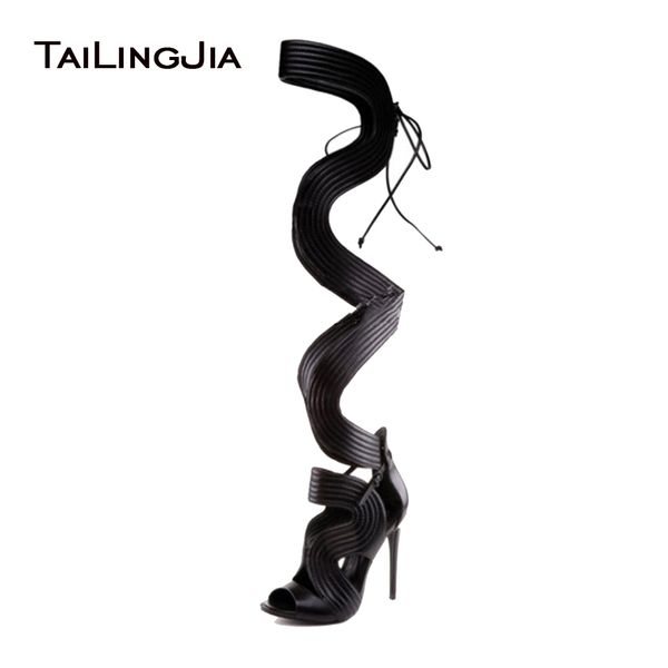 

2018 peep toe women sandals lace up strappy over the knee high summer boots ladies black high heels party ball shoes