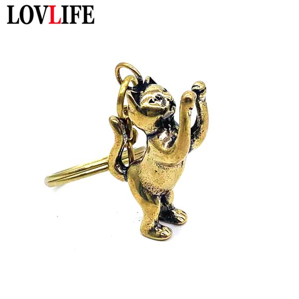 

cute cat car keychain pendants pure brass animal key ring hanging trinkets vintage metal chain keyring women men birthday gifts, Silver