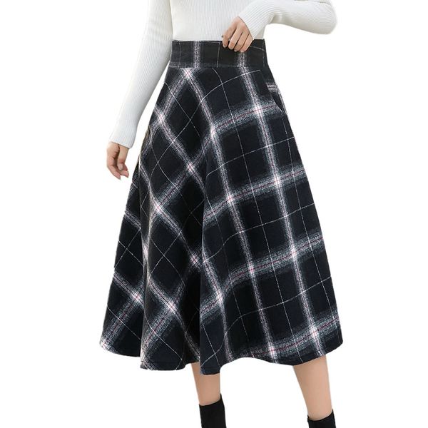 

harajuku plaid skirts womens gothic high waist long skirt streetwear kawaii korean midi skirt, Black