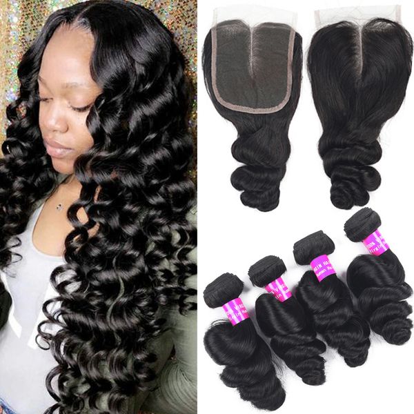 

9a malaysian virgin hair weaves 4 bundles with lace closure 4x4 loose deep water wave extensions hair bundles and human hair closures, Black