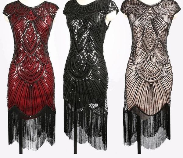 

sell women's flapper dresses 1920s vintage sequin beaded fringed great gatsby dress plus size red, Black;red