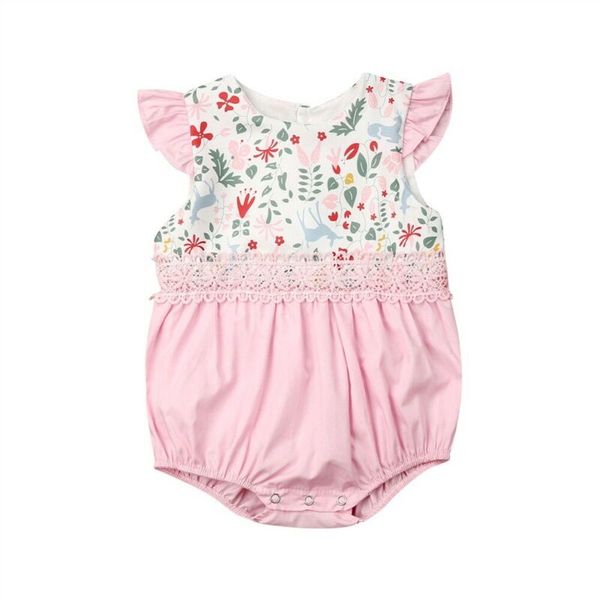 

newborn baby girl pink deer print romper floral patchwork jumpsuit playsuit clothes, Blue