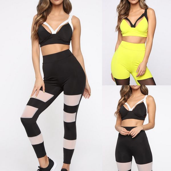 

vertvie women yoga set sleeveless 2 piece patchwork mesh sports leggings push up running set gym workout clothes for female, White;red