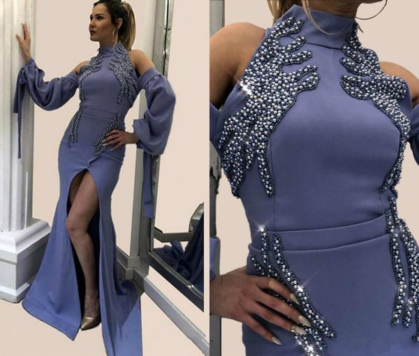

2019 african mermaid evening dresses with high neck poet long sleeve beads sequins side split prom dress long satin party gowns, Black;red
