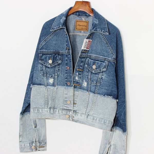 

new fashion women hole frayed jeans jackets short wide waisted patchwork jean coats demin cotton loose casual outerwear, Black;brown
