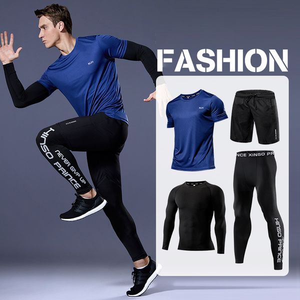 

men's compression sportswear suits gym tights training clothes workout jogging sports set running tracksuit dry fit plus size, Black;blue