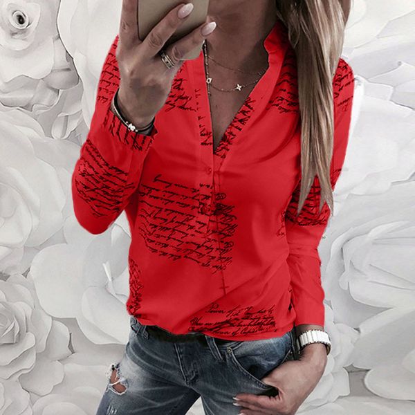 

women's blouses & shirts 2021 women blouse v neck letters printing button long sleeve shirt casual womens and summer tunic blusas, White