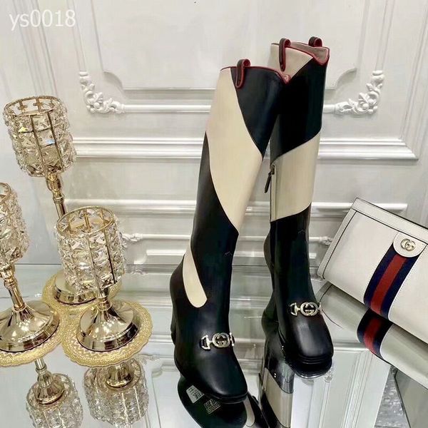 

autumn and winter europe and america retro fashionable knee-high fashion boots high-heeled square head color matching leather knight boots, Black