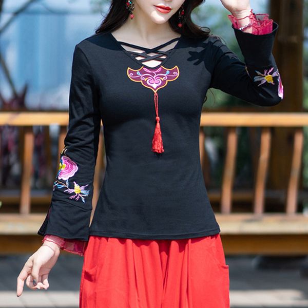 

cotton t shirt 2019 spring autumn women's clothes slim embroidery basic t-shirts tees v neck flare sleeve women, White