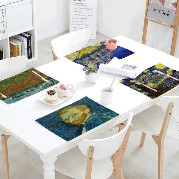 

42*32cm van gogh's painted sunflower printing table napkins decor table flag skirts dinner famous starry night tablecloths gifts