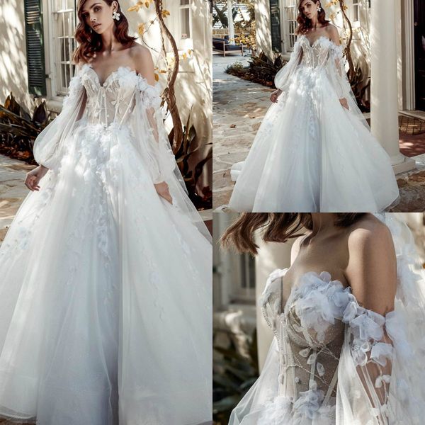 

2020 long sleeve wedding dresses lace 3d floral appliqued off the shoulder beach bridal gowns a line sweep train glitter boho wedding dress, White
