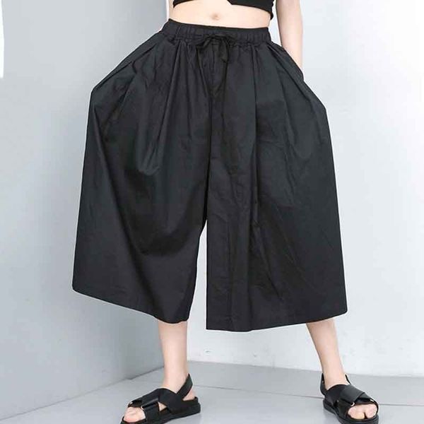 

yalee] new fashion 2019 summer elastic waist trousers pulling rope pleated large size calf-length wide leg pants women u810, Black;white