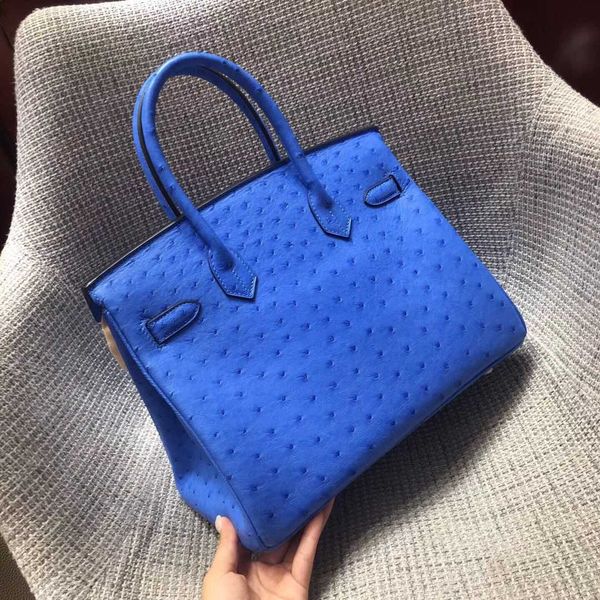 

original design handmade wax thread blue ostrich skin handbag,gold,silver hardware,25 30 35cm for chosen,by machine,fast delivery