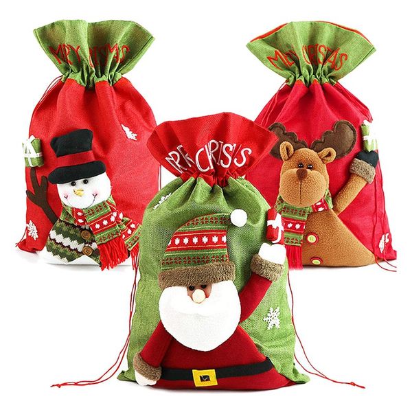 

3 pack christmas fabric gift bags with drawstring, santa sack toys bags, 22 x 13.5 inch santa claus snowmen reindeer embroidered