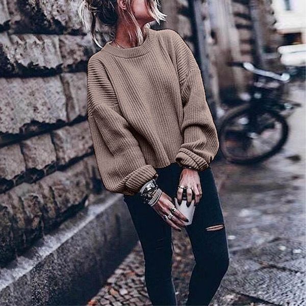 

women's sweater autumn winter long sleeve o-neck solid color lantern pullover sweater ladies ladies women fashion, White;black