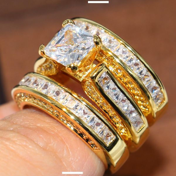 

uspecial sparkling fashion jewelry princess ring 14kt yellow gold filled 3 in 1 white z party cz diamond women wedding bridal ring, Slivery;golden