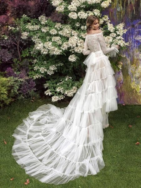 

2020 papilio fairy wedding dresses a line off shoulder high low lace appliqued bohemian wedding dress garden long robes de mariée, White