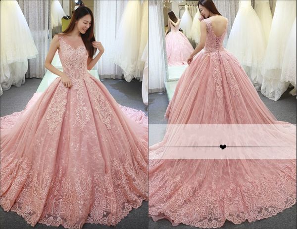 

luxury pink quinceanera dresses ball gown sheer neck sweep train prom dresses with lace applique backless sweet 16-year-old prom dress, Blue;red