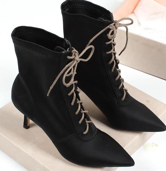 

women martin boots designer classic ins fashion nightclub pointed ol ladies elastic fabric high heel lace booties clearance, Black