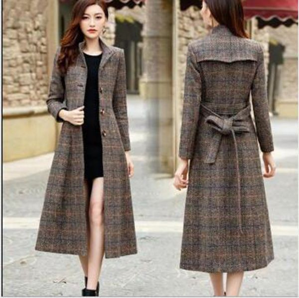 

explosive harajuku style coat women's spring and autumn clothing over the knee waist woolen coat women's long section mother', Black
