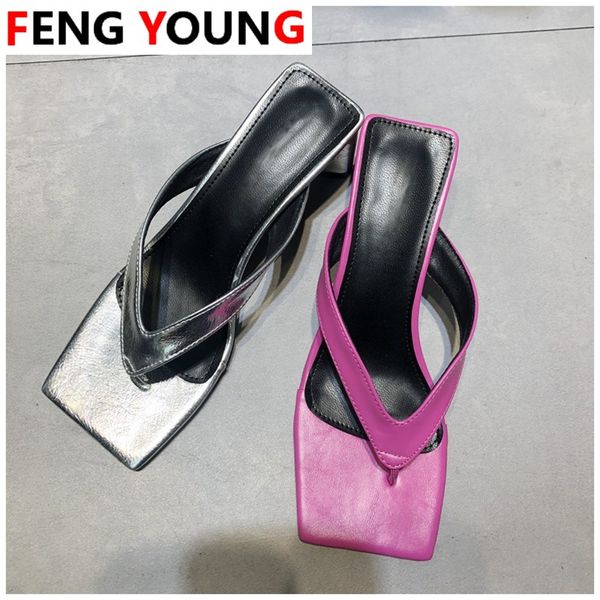 

ladies summer outdoor beach flip flops slides shoes 2020 new women slippers slides square toe med heel sandal shoes, Black