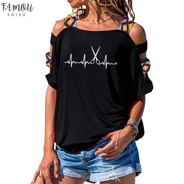 

new summer heartbeat hairdresser t shirt women cotton short sleeve girls tshirt barber t shirt hollow out shoulder tee, White