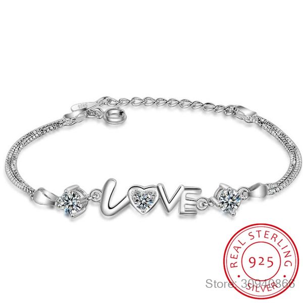 

сердце любовь круглый цирконий двойной слой коробки цепи браслет настоящее стерлингового серебра 925 изящных ювелирных изделий для женщин по, Golden;silver