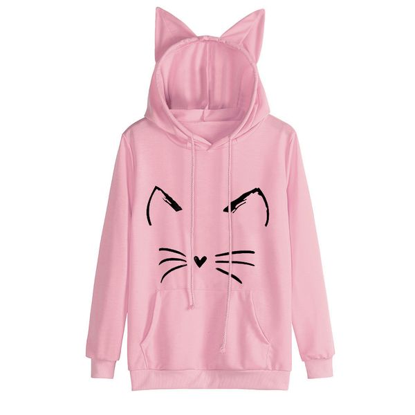 

chamsgend cat ear sweatshirts women hoodies 2019 long sleeve cat print sweatshirt autumn pocket hooded pullover blouse f716, Black