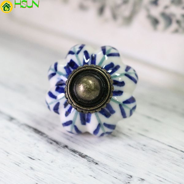 

4pcs white and blue porcelain drawer cabinet knob pull antique dresser kitchen cabinet door handle ceramic knob