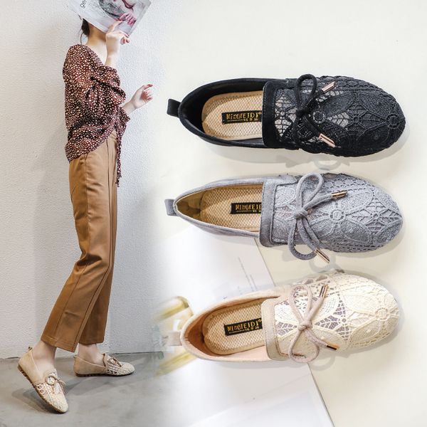 

new 2019 ballet flats loafers shoes woman lace mesh flower bowtie sweet princess girls plus size slip on eggs roll footwear shoe, Black
