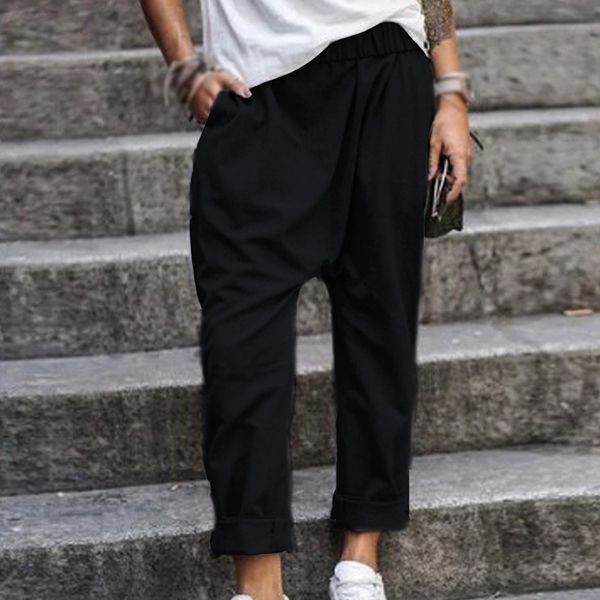 

women pants ladies party summer plus size harem casual elastic waist trousers solid bottoms, Black