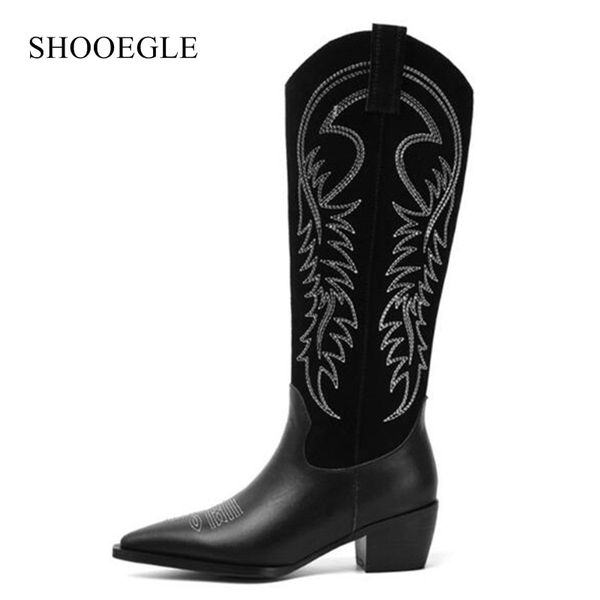 

botas mujer handmade knee high boots women embroidery real leather motorcycle booties shoes cowboy western boots, Black