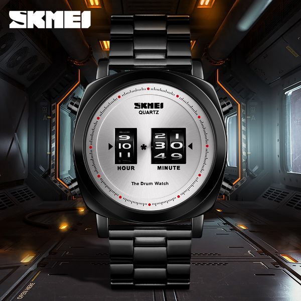 

2021 skmei patented design men watch fashion quartz wristwatches waterproof simple drum watch stainless steel orologio uomo 1531, Slivery;brown