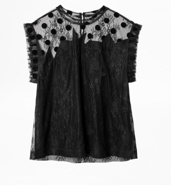 

new black lace tulle round neck sleeveless flounce detail dot stars embroidered woman, White