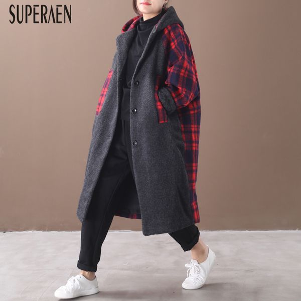 

superaen winter new 2019 korean style women woolen coat loose pluz size lattice hooded woolen coat female wild fashion coats, Black