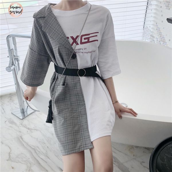 

рубашки 2019 новое прибытие с коротким рукавом письмо корейский лоскутная шикарные тенниска способа лета вскользь печати длинные t плед 7512, White