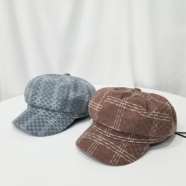 

literary plaid cotton octagonal cap autumn men and women casual fashion british retro beret painter hat headdress beret, Blue;gray