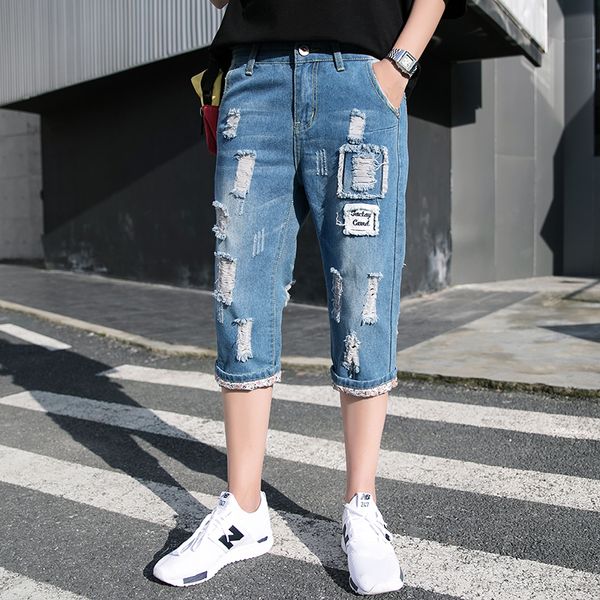

2019 spot men's summer new korean version of the hole slim self-cultivation seven points in the trend loose casual jeans, Blue