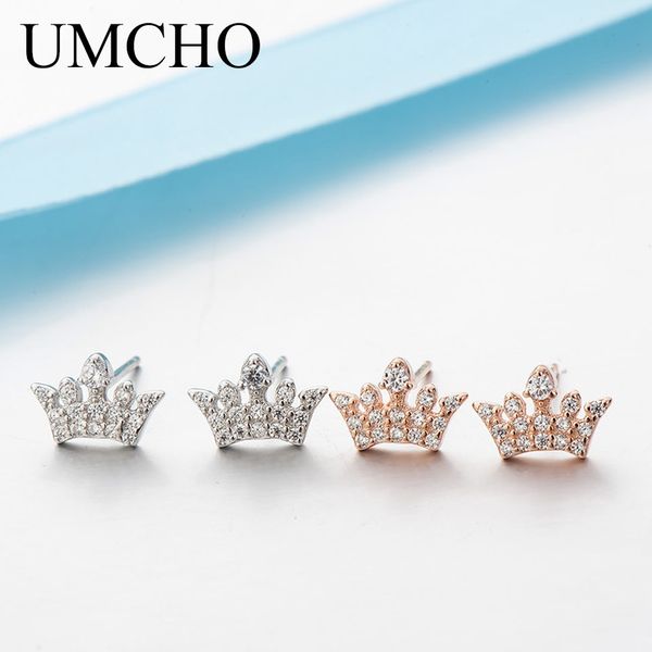 

umcho crown real 925 sterling silver jewelry cubic zirconia stud earrings for women anniversary birthday gifts fine jewelry, Golden;silver