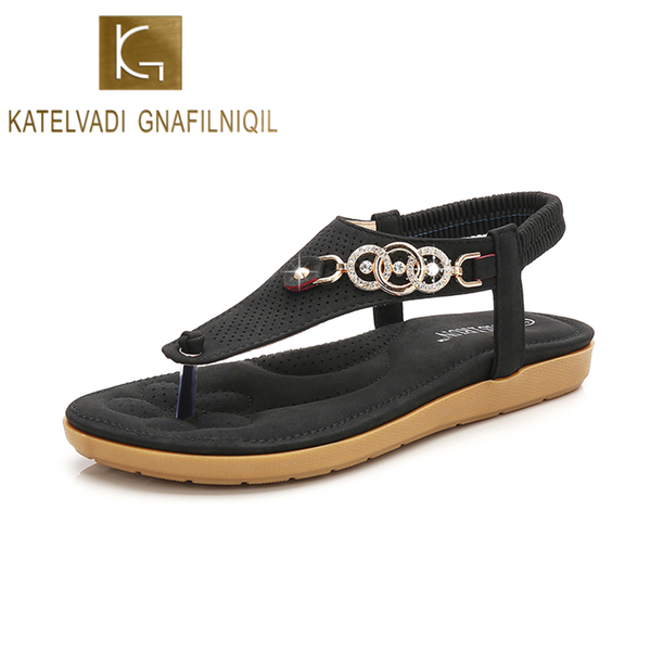 

katelvadi summer sandals new bohemia flat women rhinestone woman flip flops vintage women shoes beach rld0017, Black