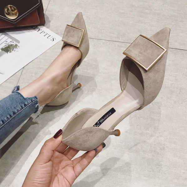 

high heels 2019 new pointed hollow head sandals professional single shoe square buckle cat heel net red shoes, Black