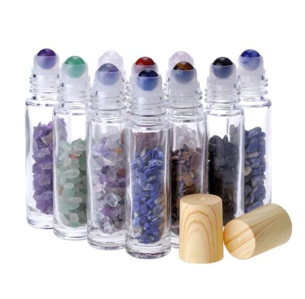 

essential oil diffuser 10ml clear glass roll on perfume bottles with crushed natural crystal quartz stone,crystal roller ball wood grain cap