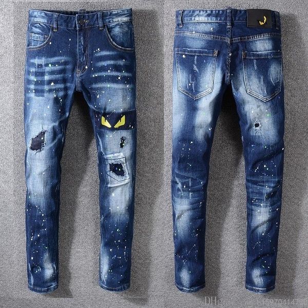 

2019 new jeans luxury men designer jeans patch slim paint little feet locomotive mens jeans size 29-40, Blue