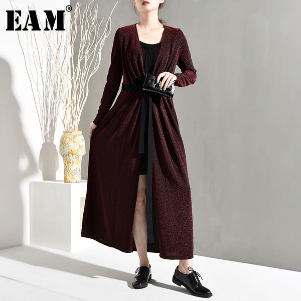 

eam] 2019 new spring autumn v-collar long sleeve waist bandage wine red loose shining windbreaker women trench fashion jo5720, Tan;black