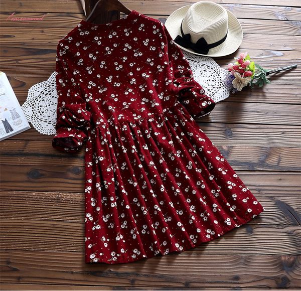 

2020 a line new autumn and winter dresses red blue color floral print long sleeve dress o neck corduroy preppy dress, Black;gray