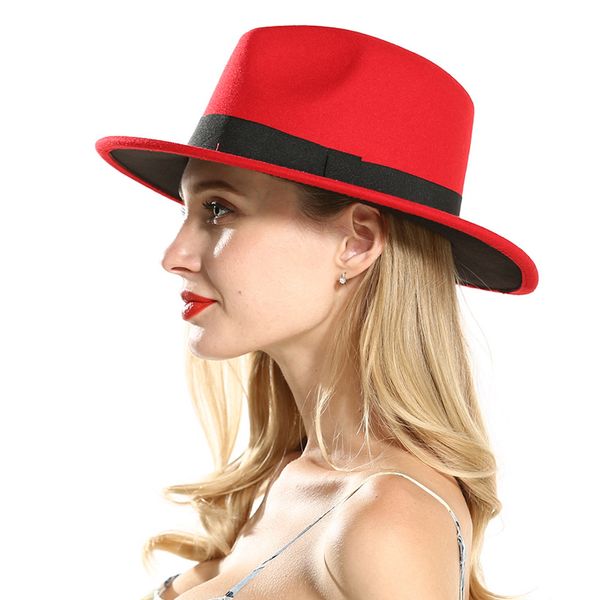 

qiuboss women wool felt jazz fedora hat with ribbon red black wide brim panama trilby carnival cap female casual gambler hats, Blue;gray