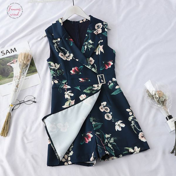 

2019 women playsuits lady floral printed pumpsuits with sashes rompers lapel sleeveless party cloth female playsuit, Black;white