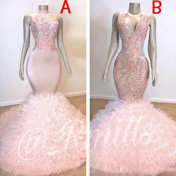 

Baby Pink Русалка Африканские платья выпускного вечера 2019 Каскадные оборки Поезд Дли