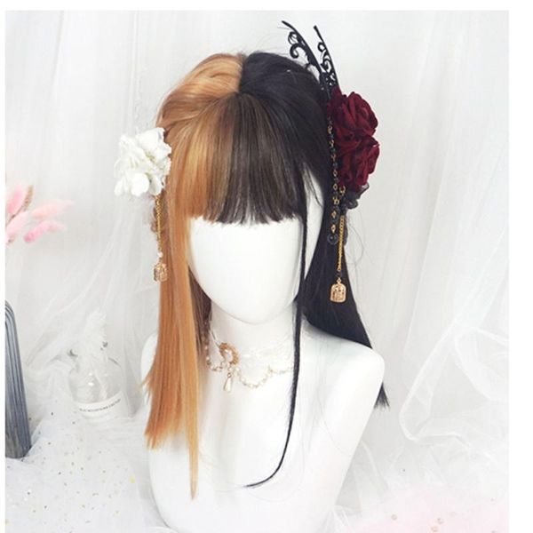 

cosplaysalon 38cm lolita short black mix blonde ombre bob bangs heat resistant cute party synthetic hair cosplay wig
